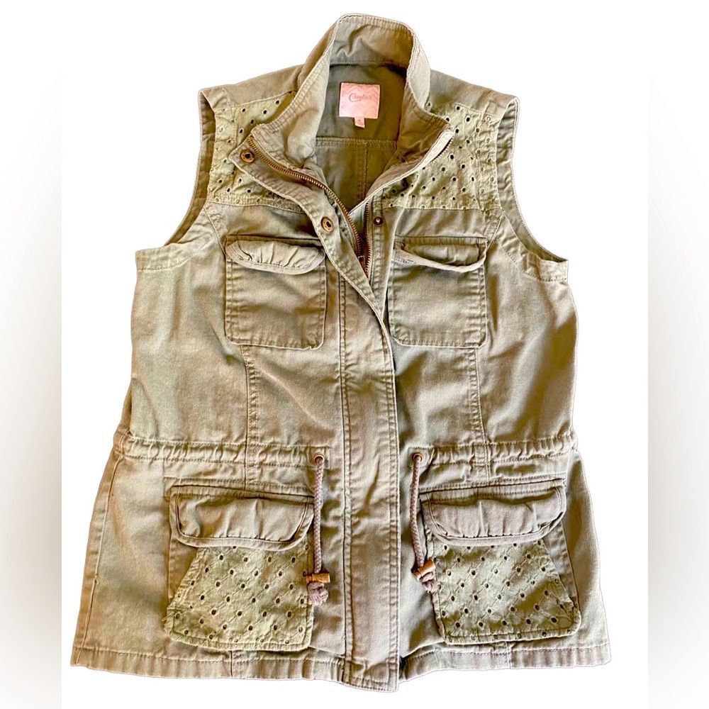 Candies olive green vest with zipper and pull tie and pockets Size M women’s